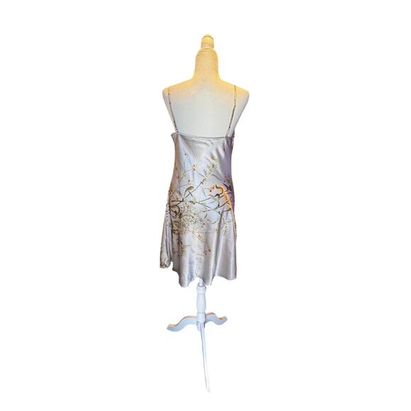 Silver Satin Cowl Neck Slip Dress with Botanical Bird Print in Size Medium - Picture 3 of 5